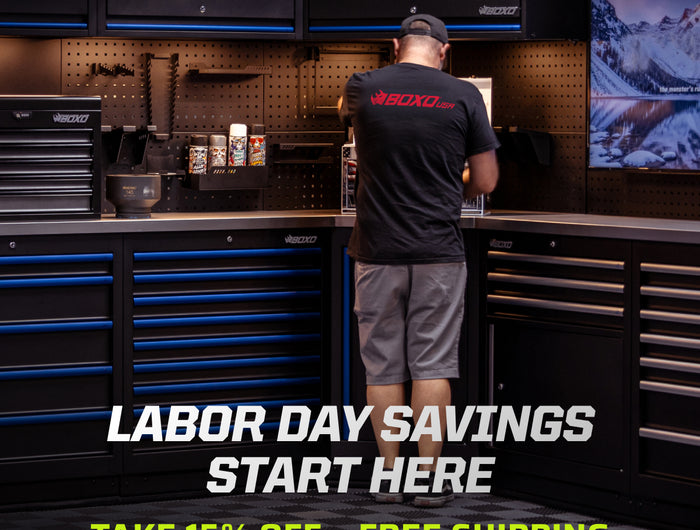 BOXO USA Labor Day Sale, take 15% off plus free shipping on orders $750+, garage with black and blue OSM tool storage cabinets
