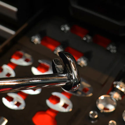 Close-up of chrome vanadium steel crowfoot wrench head with BoxoUSA branding